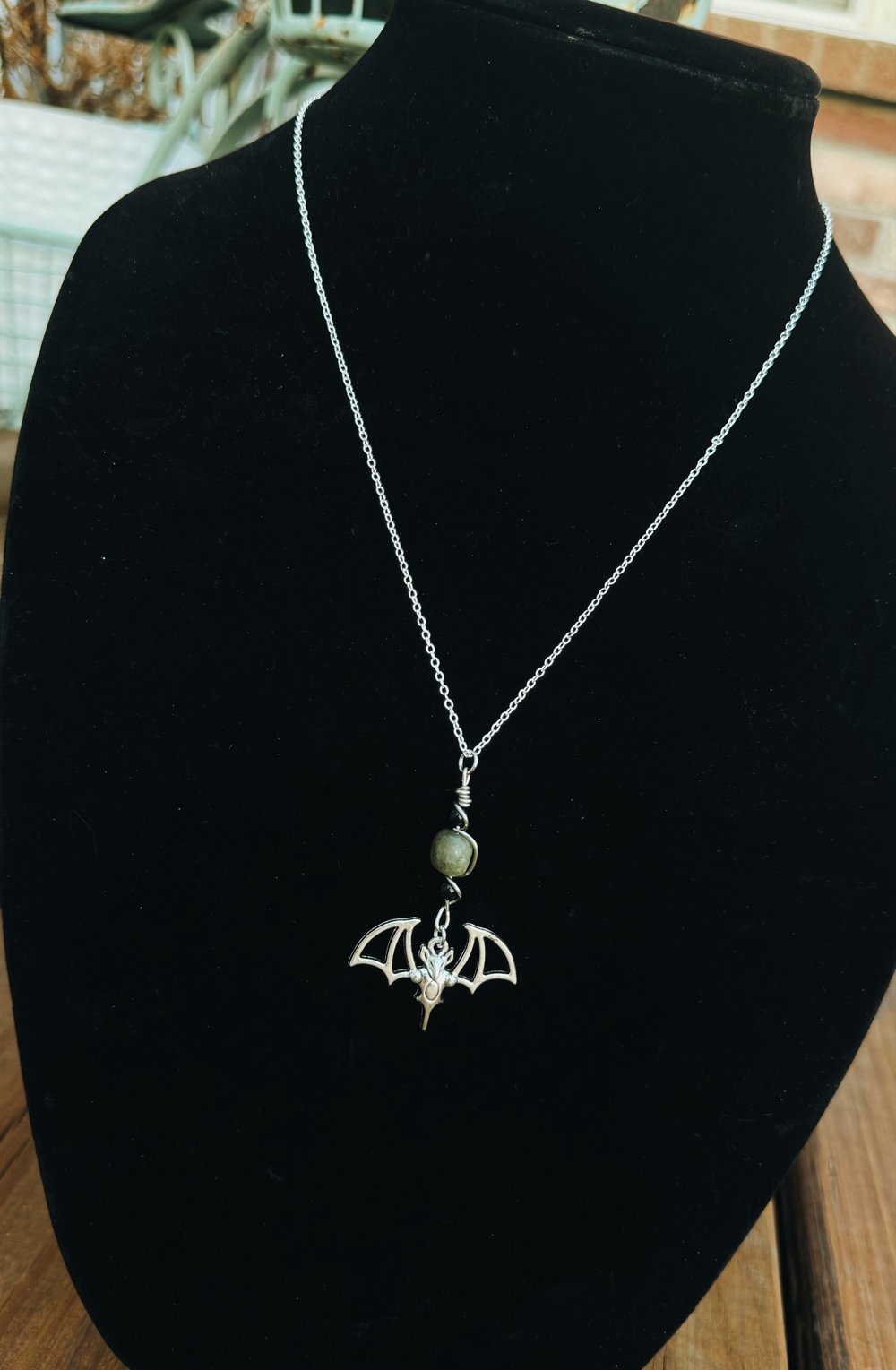 Image of Bat Necklace w/ Obsidian & Labdradorite (Sterling Silver plated chain)