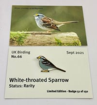 Image 1 of White-throated Sparrow - September 2021 - UK Birding - Enamel Pin Badge