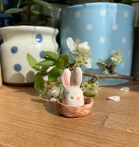 Image 3 of Ceramic Cute Pink Cheek Bunny in a basket.