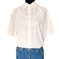 Image 1 of Vintage 1980s does 1940s White Embroidered Lace Button Up Short Sleeve Top - Size 10 
