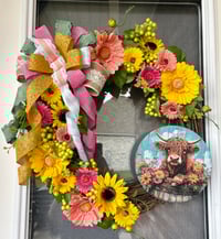 Image 4 of Highland cow Spring Floral Grapevine Wreath