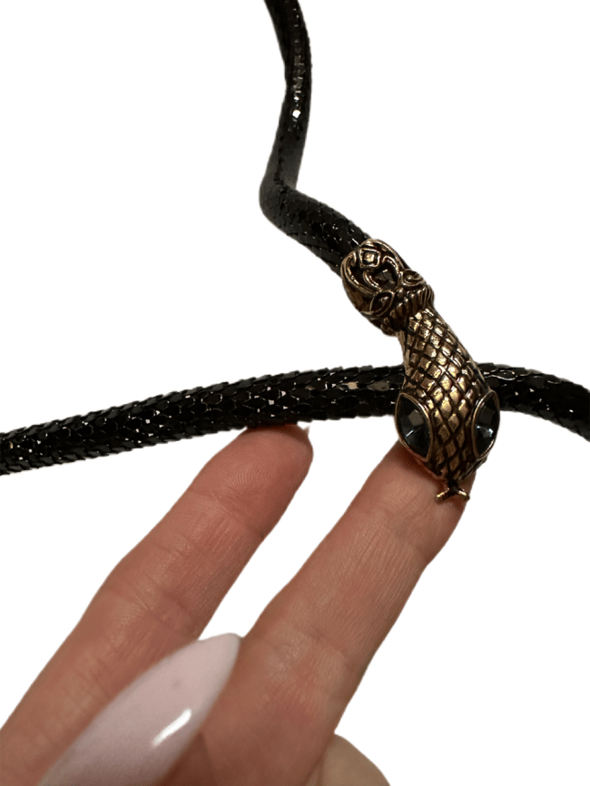 70s black mesh snake necklace or belt w blue gemstone eyes