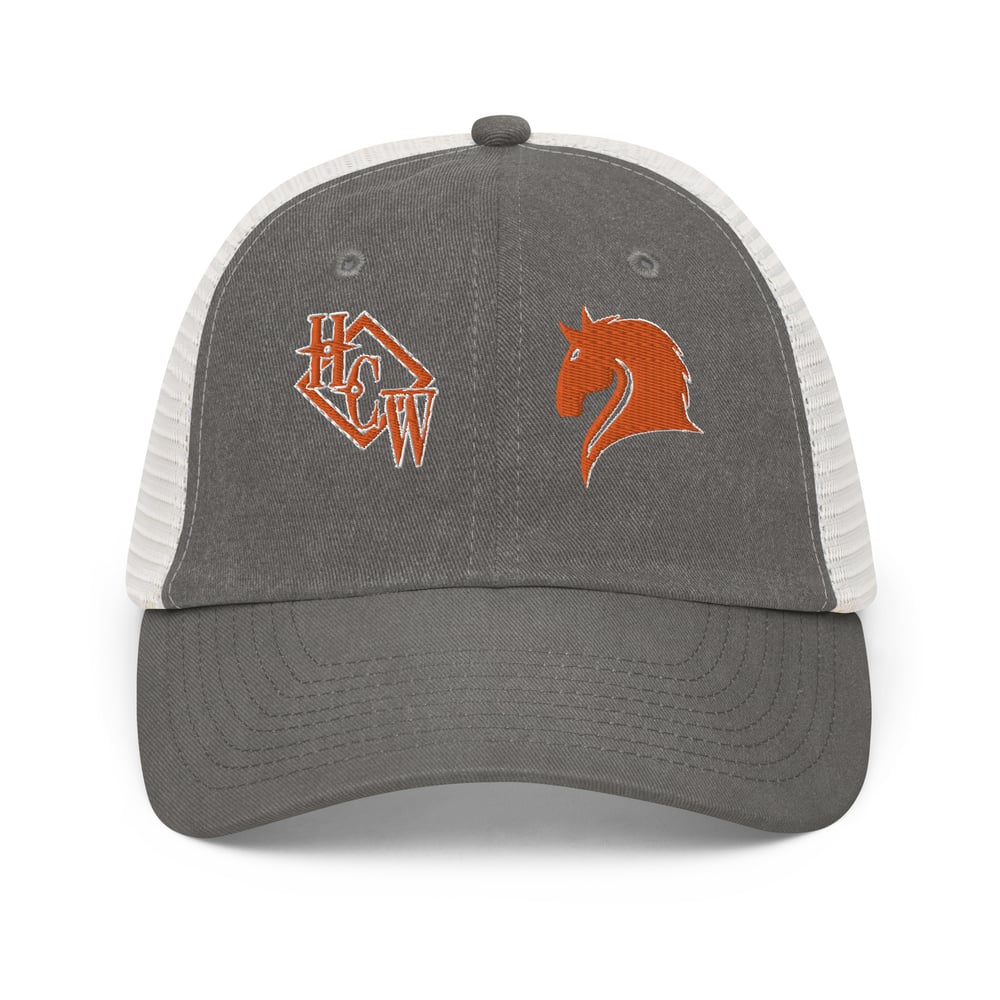 NEW DESIGN!! Dual logo pigment-dyed trucker cap