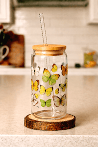 Image 1 of Yellow Butterflies Glass Can – 16 oz  with Bamboo Lid & Glass Straw