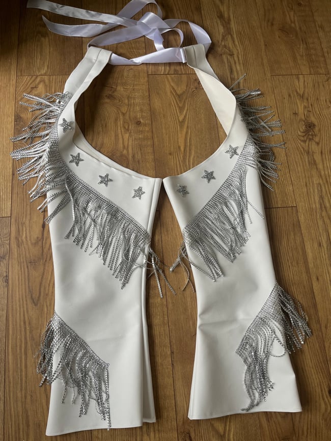 handmade White faux leather chaps and rhinestone trim and stars