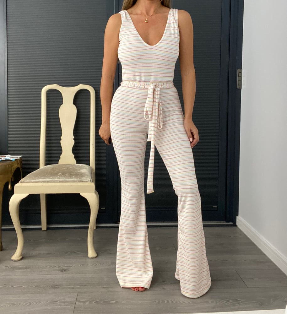 Image of Candy Stripe Knit Flare Jumpsuit