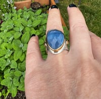 Image 4 of Gemmy Faceted Blue Opal 18 Karat Gold Setting