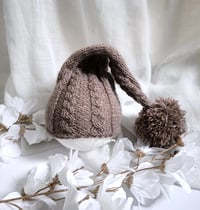 Image 1 of Newborn knitted sleep hat for photoshoot | brown | with pompom