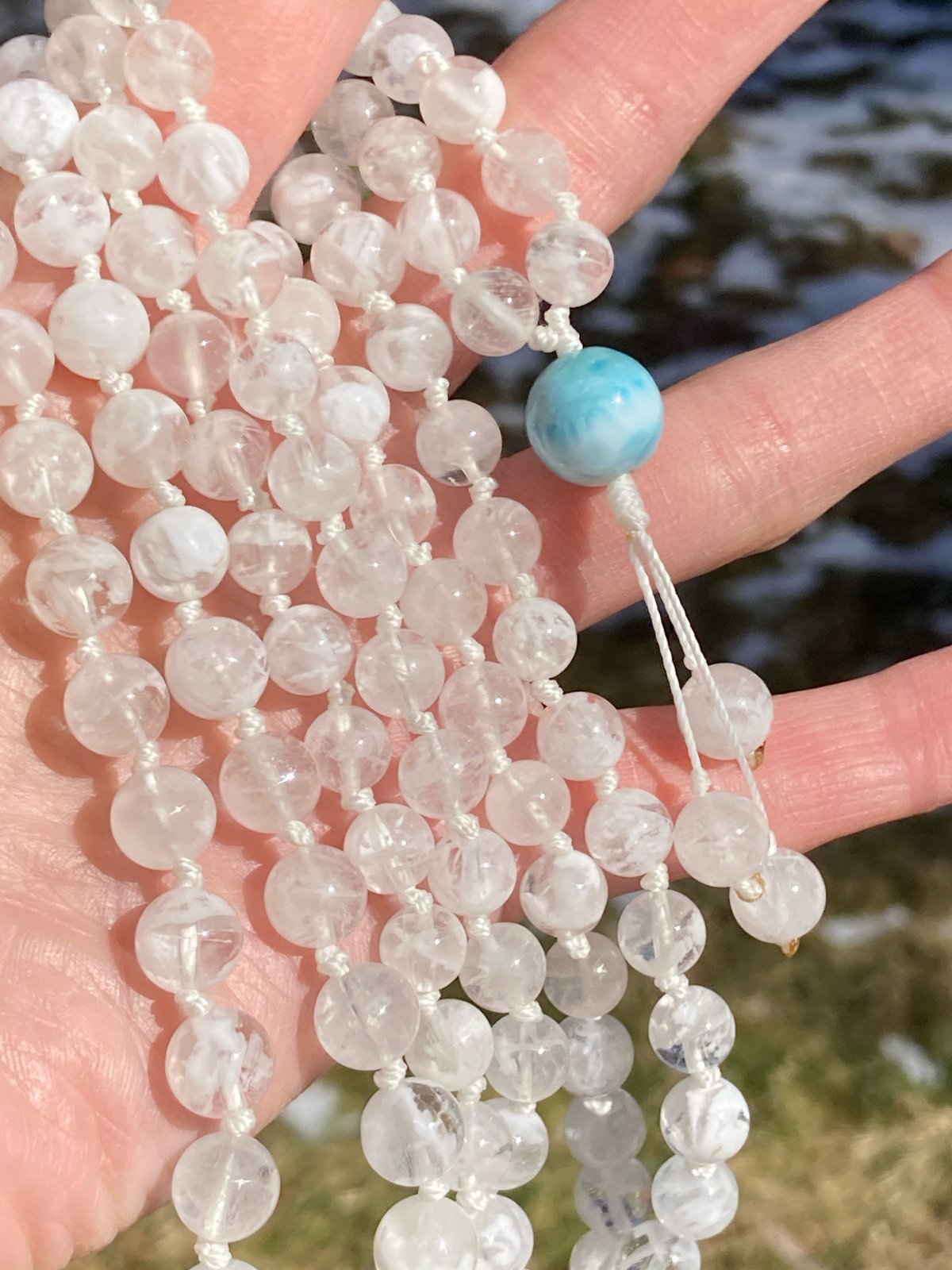 Faceted garnet mala beads - 108 beads - hand-knotted - gray crystal accents and tassel - store wrap around wrist for mala bead bracelet