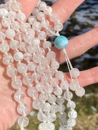 Image 4 of Included Crystal Quartz Mala with Larimar Guru Bead, Crystal Quartz 108 Bead Japa Mala Hand Knotted 