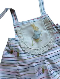 Image 2 of 3-4yrs READY TO POST FLORA PLAYSUIT- Peter Rabbit Stripe fabric and Peter Rabbit lace frill pocket