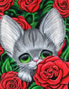 Gray Tabby Cat Red Roses Art Print 