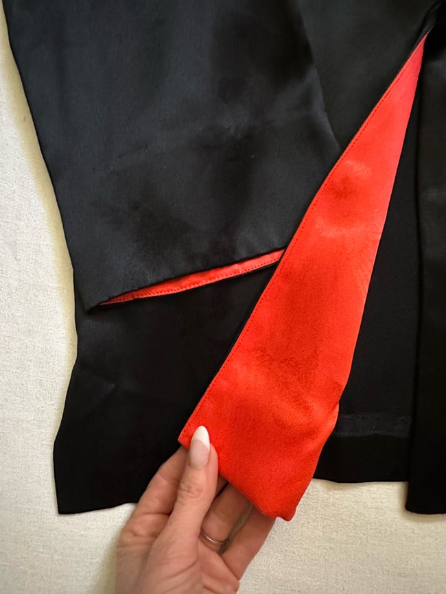 70s satin jacquard trouser set, red lining and hummingbird jacquard 