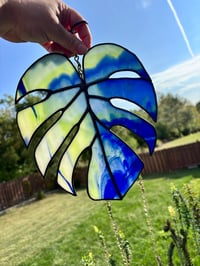 Image 4 of Stained-Glass Monstera Leaf Suncatcher - Blue & Green Tropical Window Hanging Art Decor