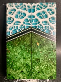 Image 2 of @Kaoticartworks 3-D Resin & Green Amboyna Burl GLOW Segmented Knife Scales