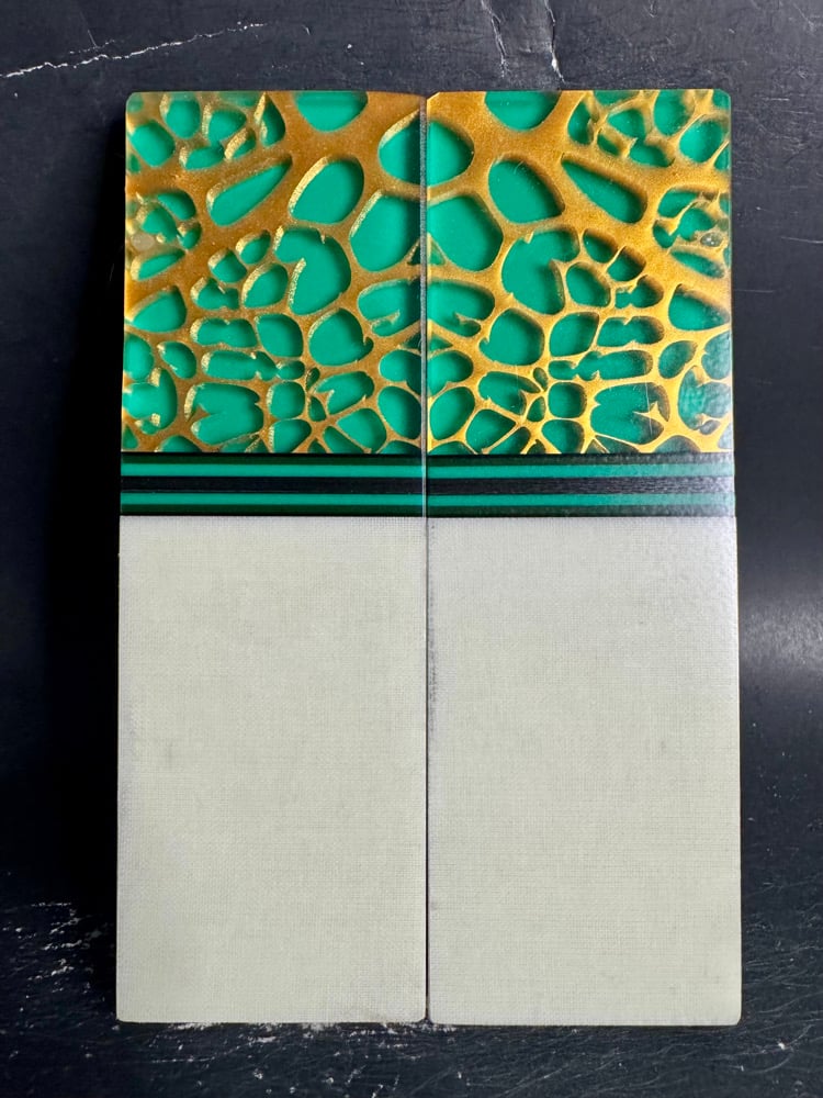 Image of @Kaoticartworks Resin & Ghost Micarta GLOW Segmented Knife Scales