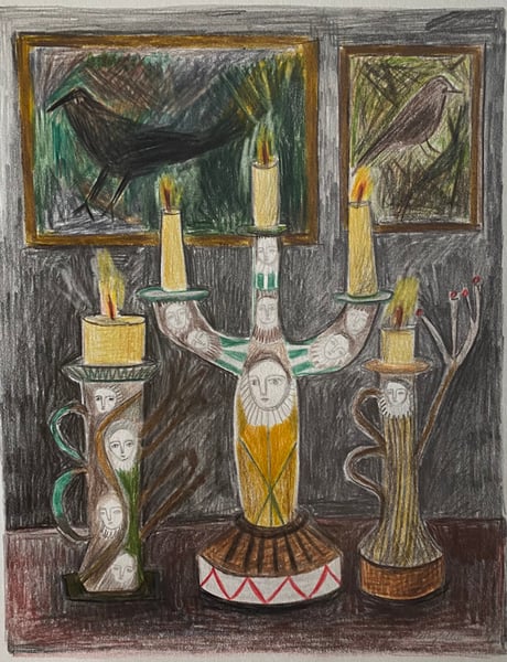 Image of Candlesticks and crow - original drawing 