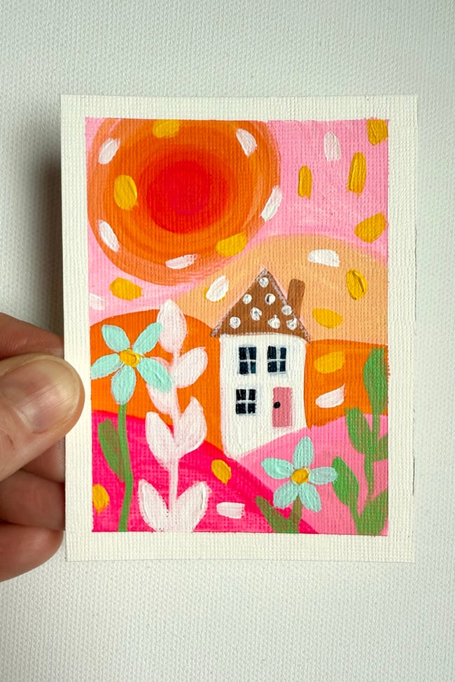 Sunburst & polka dots. Original mini painting