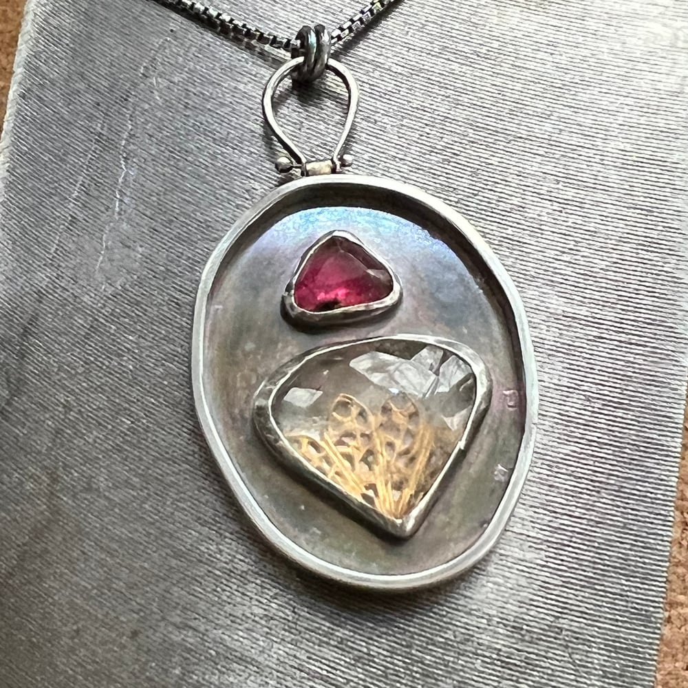 Image of Pink Tourmaline, Quartz, & Brass Filigree Necklace