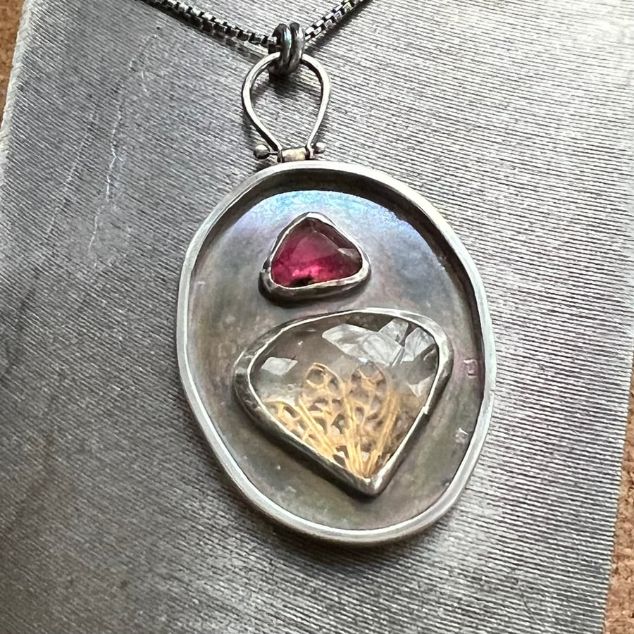 Image of Pink Tourmaline, Quartz, & Brass Filigree Necklace