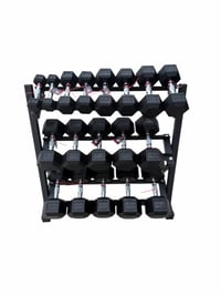 Image 3 of New pair of 5,10,15,20,25,30,35,40,45lb rubber dumbbells + rack.