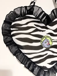 Image 2 of Zebra Print Heart Ruffle Bag – “No Kisses Just Hisses” Patch