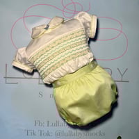 Image 1 of boys green smocked romper 
