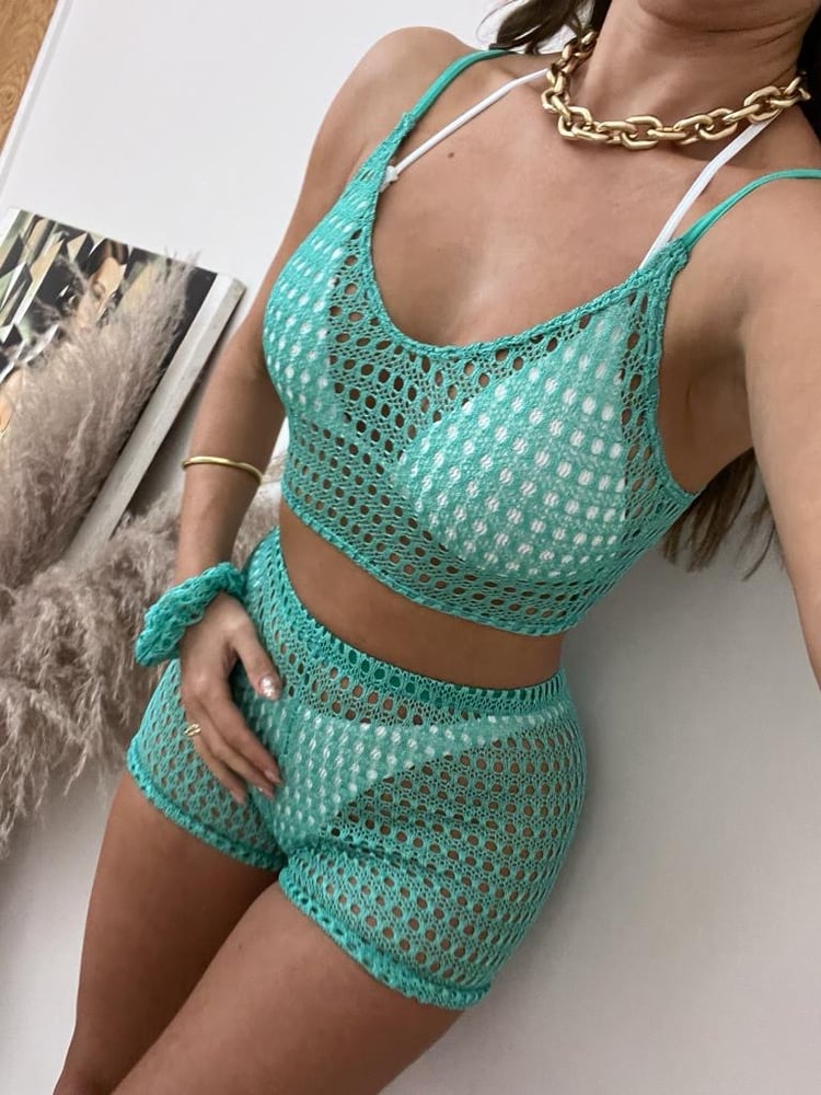 Image of Aqua Crochet Crop Vest & Shorts Set