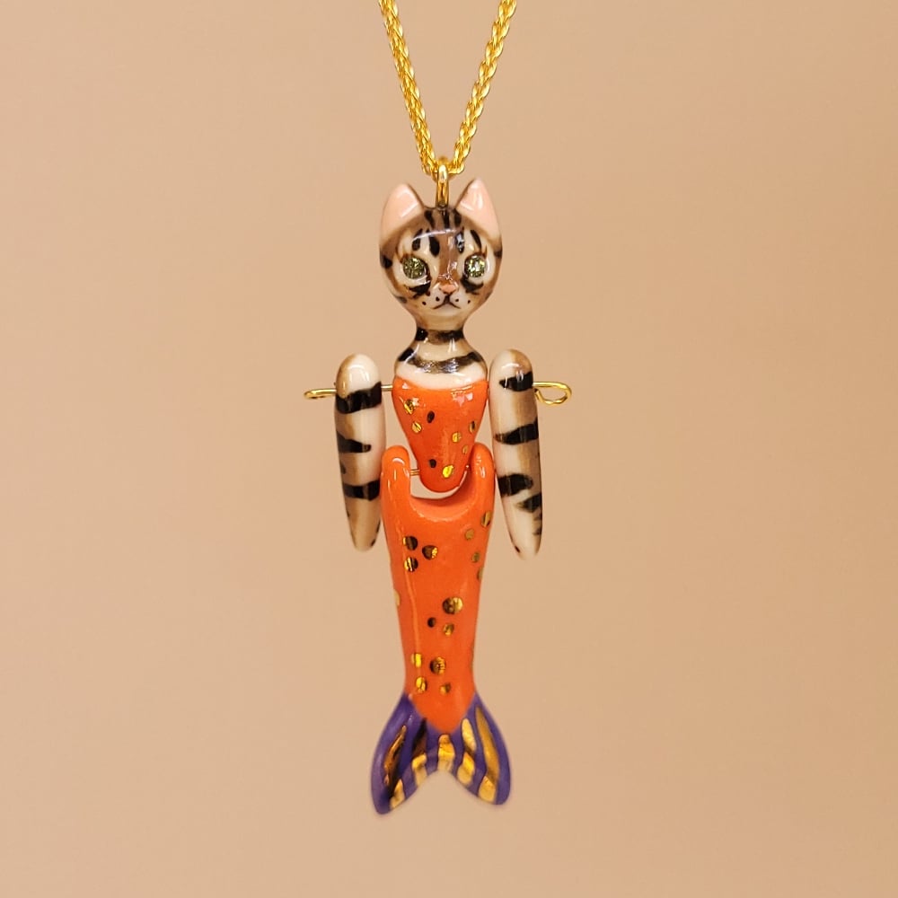 Image of Brown Tabby Porcelain & Gold Vermeil Articulated Purrmaid Pendant