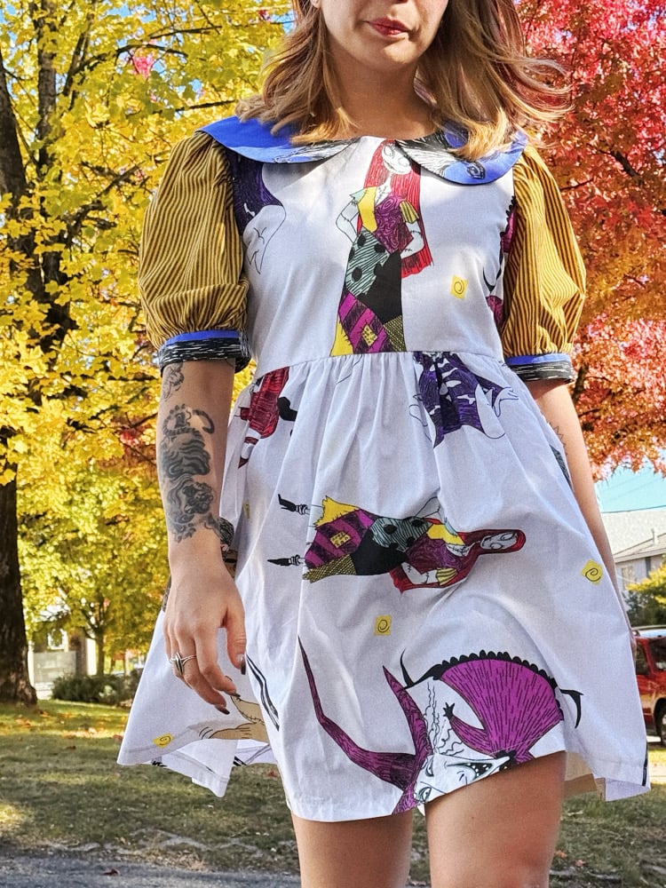 Image of Collared Puff Sleeve Dress — Halloween Yellow Stripes
