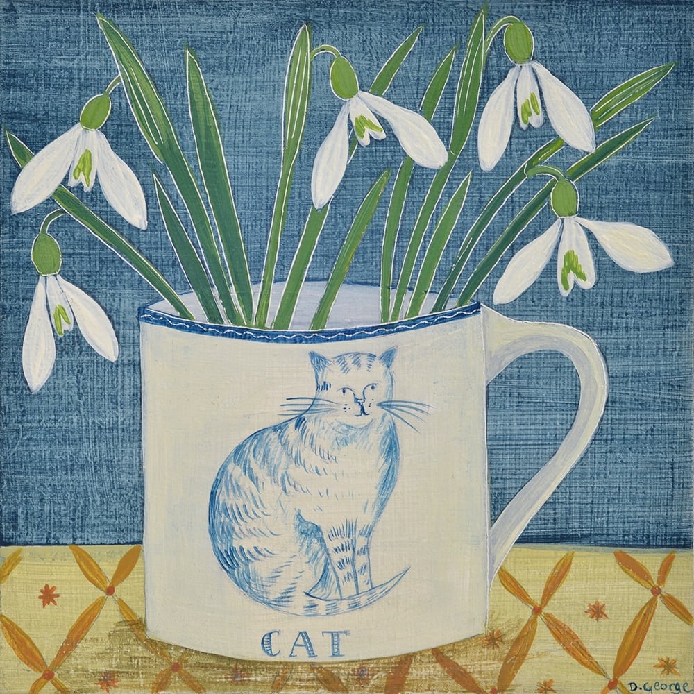 Image of Miniature cat cup and snowdrops Giclée print