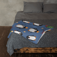 Image 1 of Throw Blanket (Christmas Penguin on dark blue)
