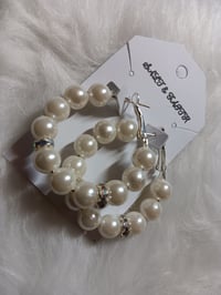 Image 5 of Silver Beaded Hoop Earrings (White)
