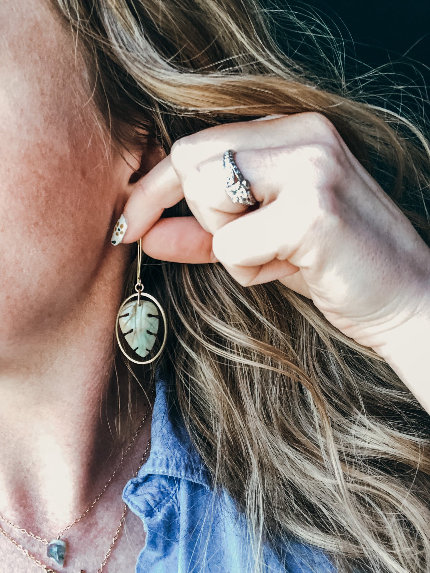 Image of OOAK Amazonite Monstera Leaf Hoop Dangles