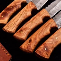 Image 3 of Set of 5 Handmade Damascus Steel Skinner Knives with Olive Wood Handles & Cowhide Leather Sheaths