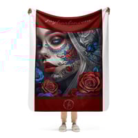 Image 1 of Sherpa Blanket Red and Blue Sugar Skull