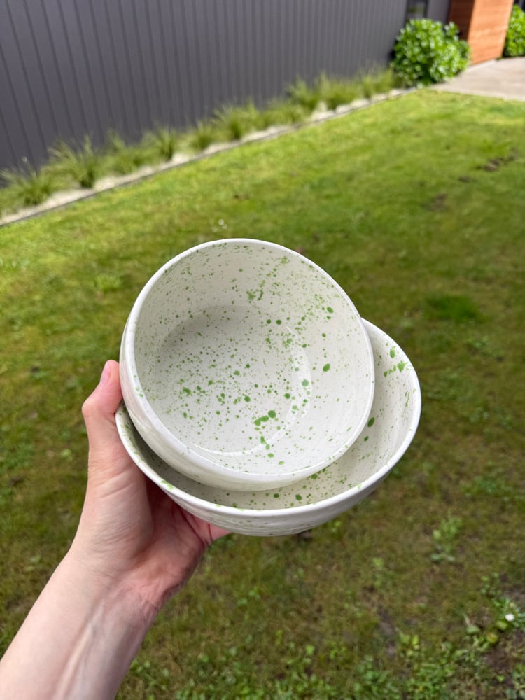 Image of Green speckled bowl pair