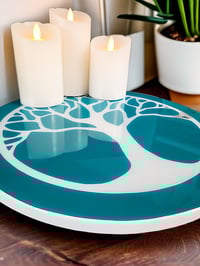 Image 2 of 14" Lazy Susan Turntable Epoxy Resin Art Modern Tree Teal 