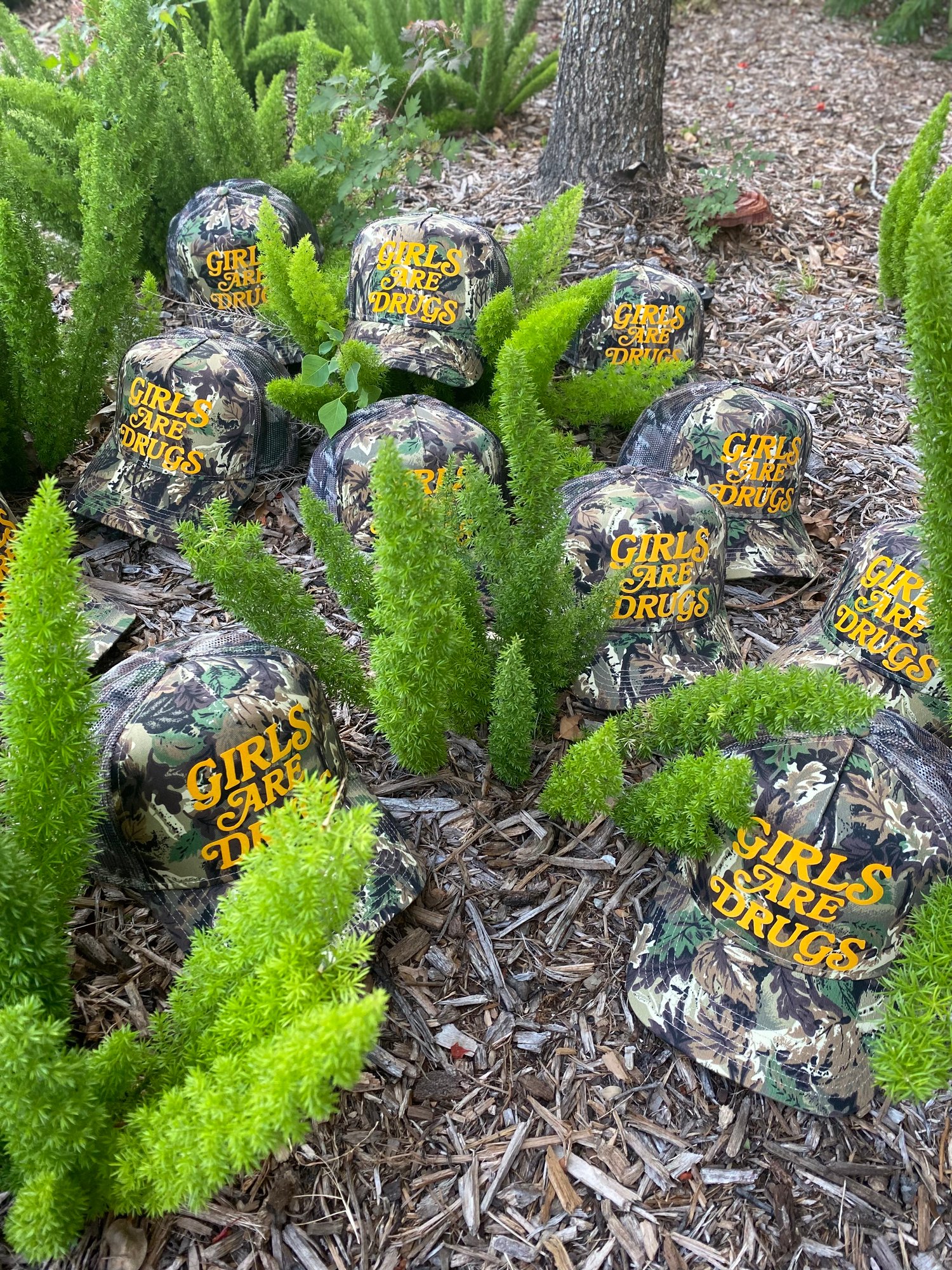 Image of GIRLS ARE DRUGS® TRUCKERS - HUNTING CAMO / YELLOW