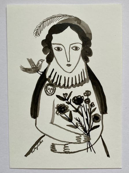 Image of a wise woman with bird on her shoulder - original ink drawing