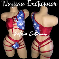 Image 3 of Backless Crystal Bodysuit Red White and Blue 