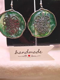 Image 2 of Handcrafted Resin Circular Monstera Leaf Earrings 