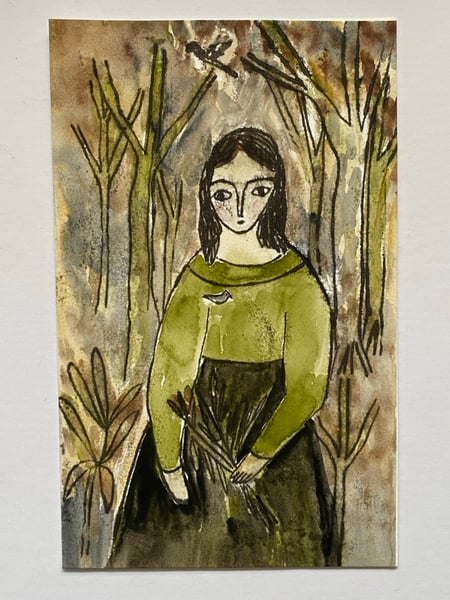 Image of Green girl in the woods - monoprint artwork 