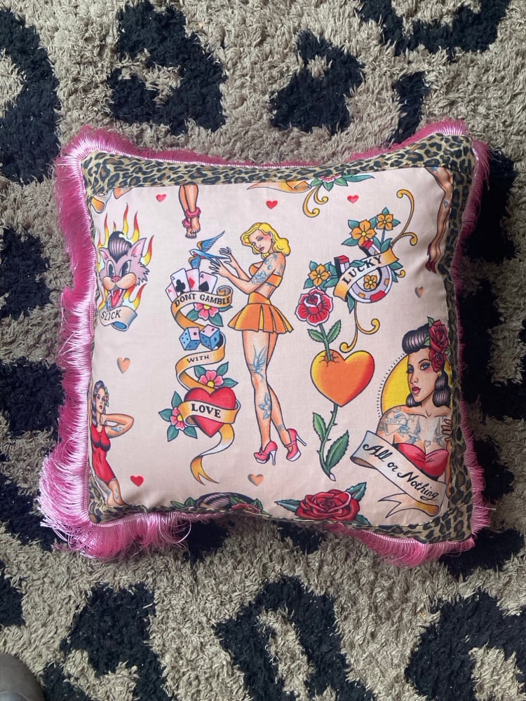 pink Pinup Girl with leopard print Cushion cover Image 3