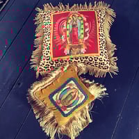 Image 5 of Leopard print fabric and red virgin of Guadalupe cushion cover with gold fringe or black fringe