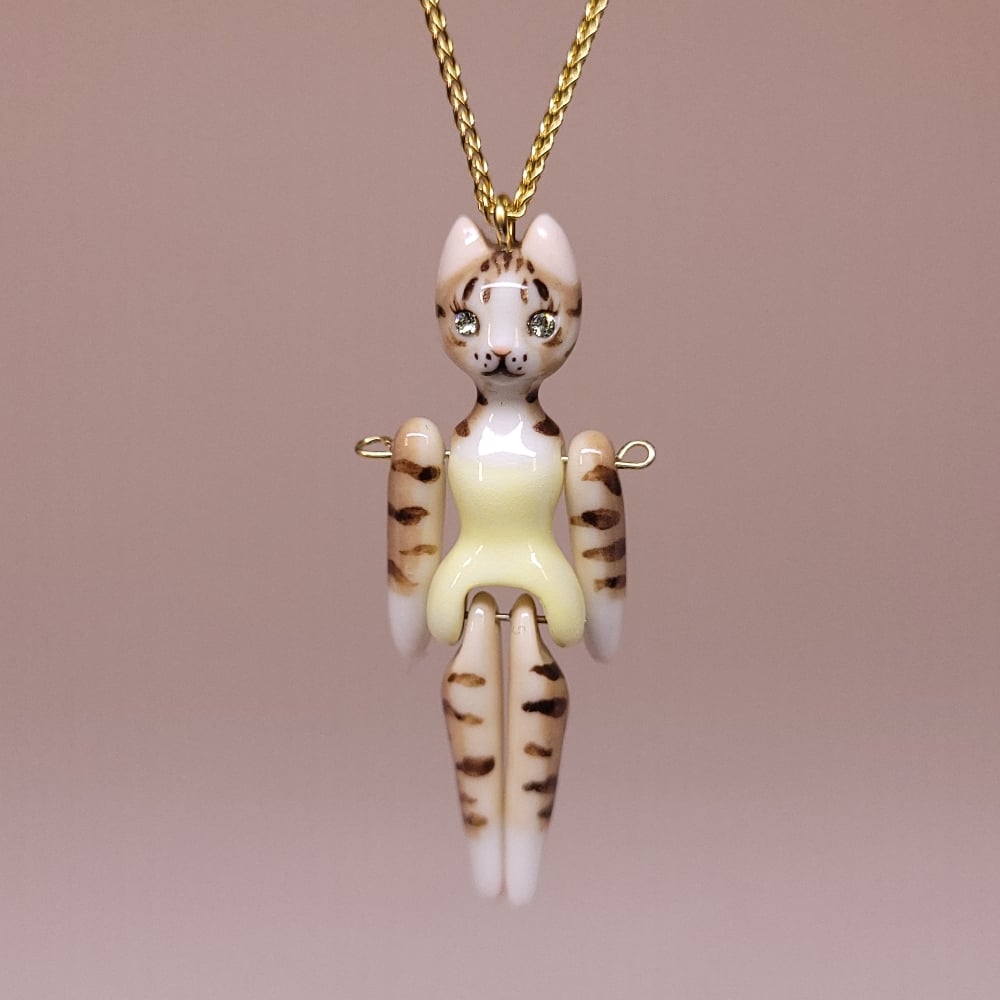 Image of Brown Tabby Porcelain & Gold Vermeil Articulated Doll Pendant