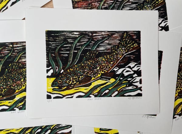 Image of “First Brookie” Lino Cut Print