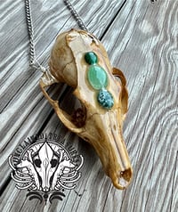 Image 3 of Tea-Stained Fox Skull Statement Necklace with Malachite, Green Onyx, & Tree Agate adornments
