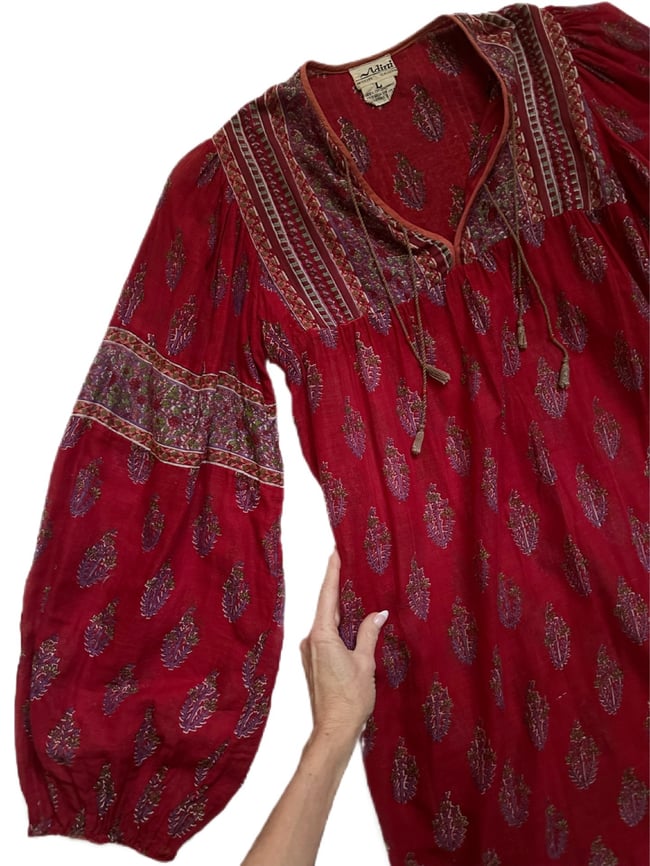 early 1970s Adini indian gauze scarlet poet sleeve dress