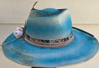 Image 1 of Handmade Torch Burned Blue Fedora Hat, Roses & Feathers